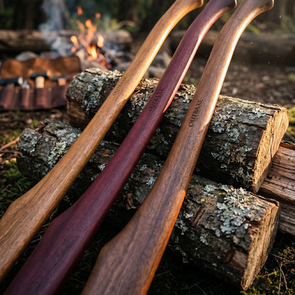 Three spotted gum Outbaxe axe handles on a pile of logs with a campfire in the background